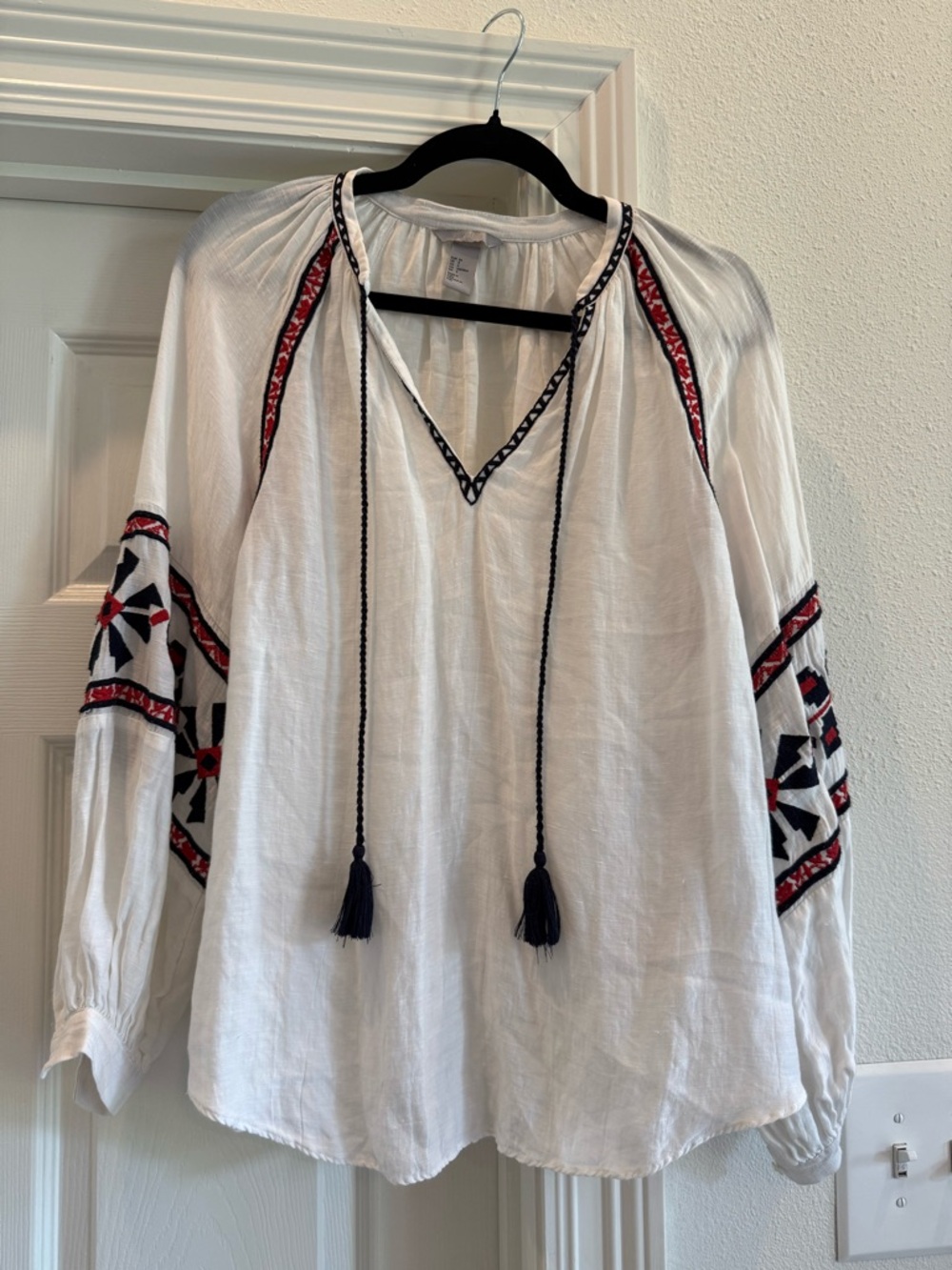 H&M White Peasant Blouse with Red & Navy Embroidery